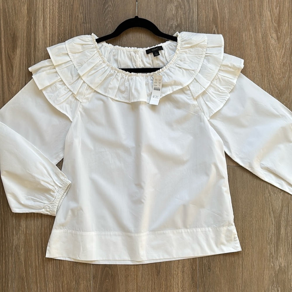J Crew Women Ruffled-top White Cotton Blouse Size S - NWT